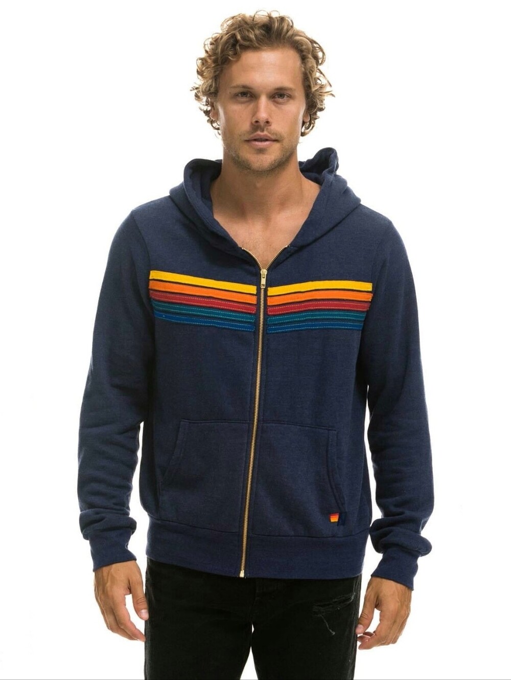 Aviator Nation 5 Stripe hoodie dark navy blue charcoal rainbow sweatshirt large